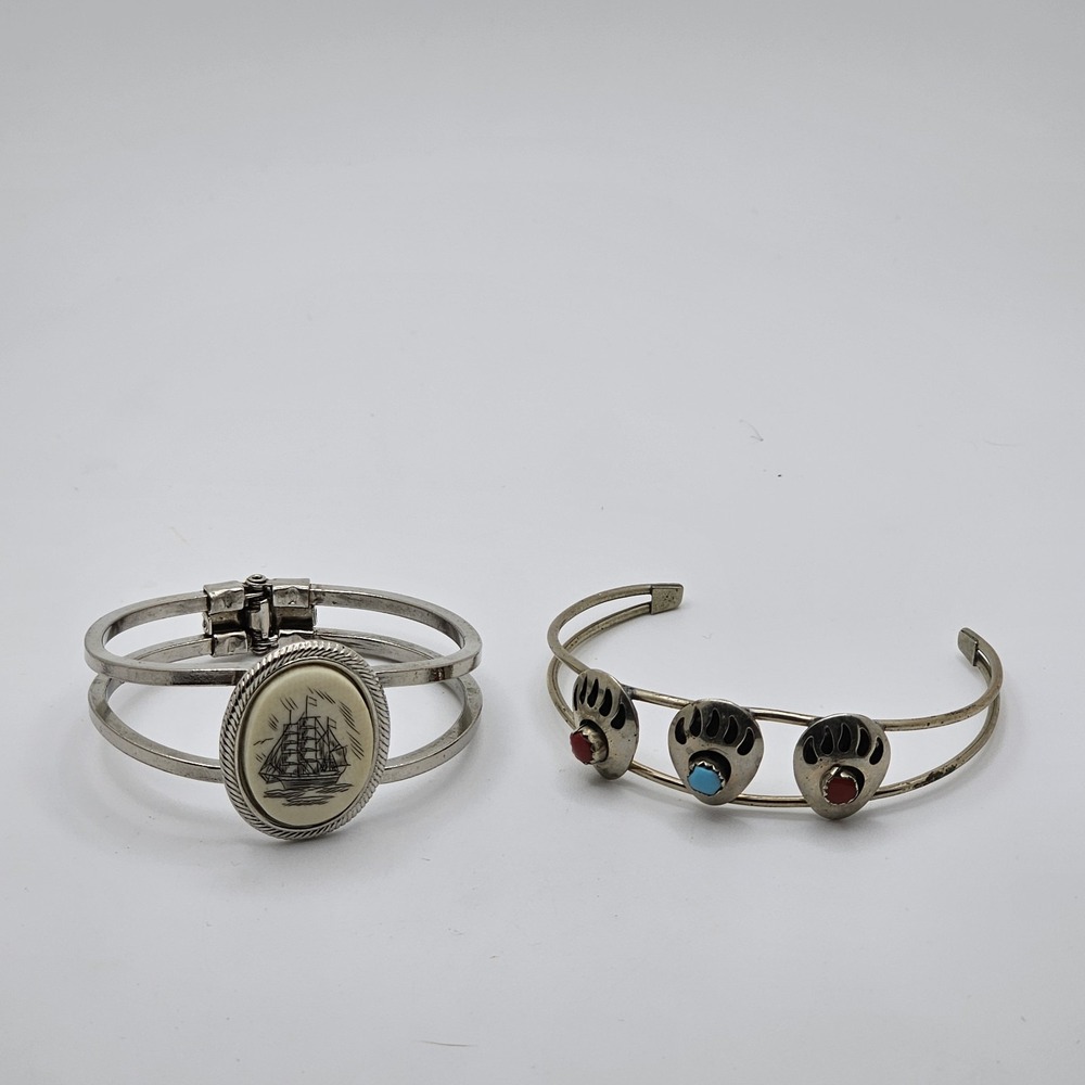 Vintage Cuff Bracelets Lot Scrimshaw And Navsjo Style Silver Toned